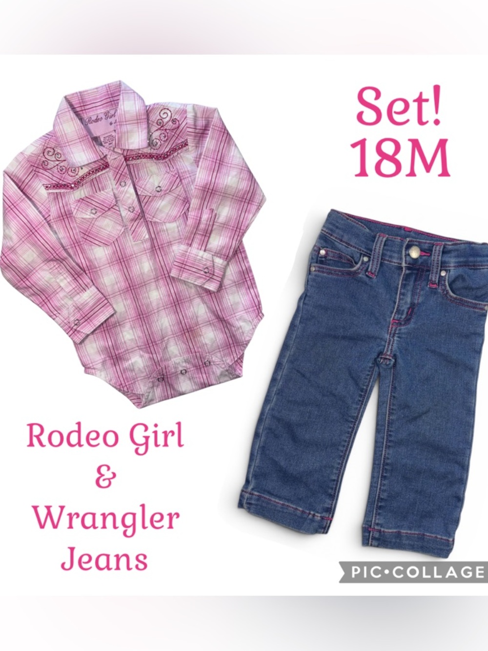 Rodeo Girl Wrangler Toddler Girl Outfit 18M Pink Western Shirt Jeans Set
